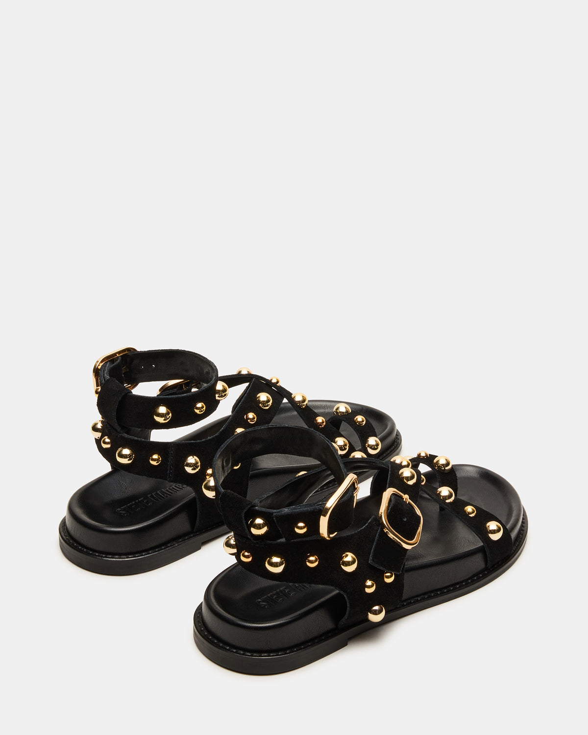 LINEAR Black Suede Strappy Footbed Studded Women's Sandal | Steve Madden for Sale