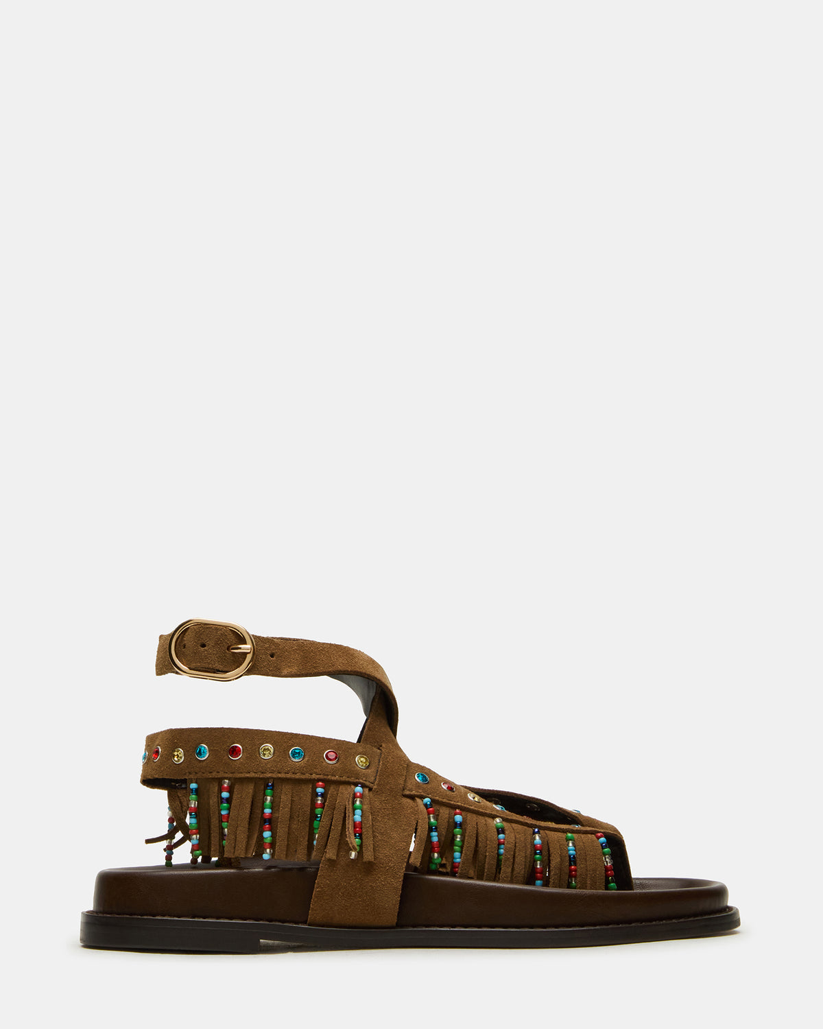 WENDELL Chestnut Suede Beaded Flatform Footbed Strappy Fringe Women's Sandal | Steve Madden US