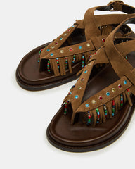 WENDELL Chestnut Suede Beaded Flatform Footbed Strappy Fringe Women's Sandal | Steve Madden US