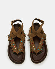 WENDELL Chestnut Suede Beaded Flatform Footbed Strappy Fringe Women's Sandal | Steve Madden US