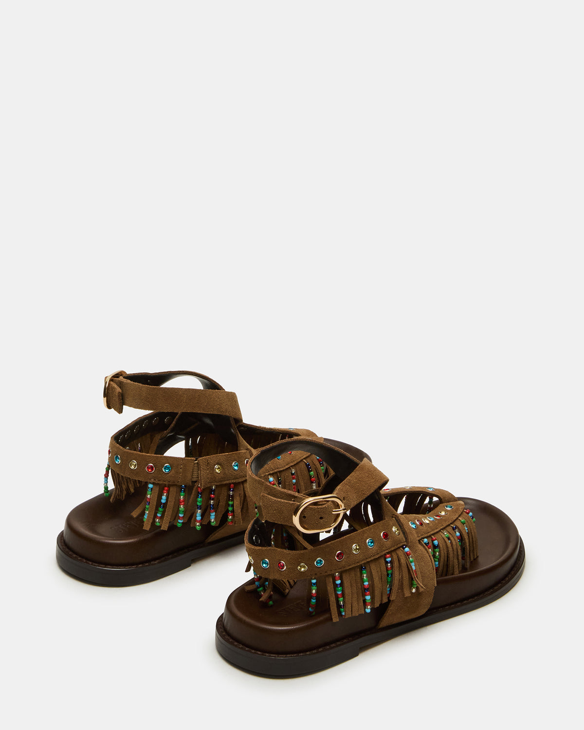 WENDELL Chestnut Suede Beaded Flatform Footbed Strappy Fringe Women's Sandal | Steve Madden US