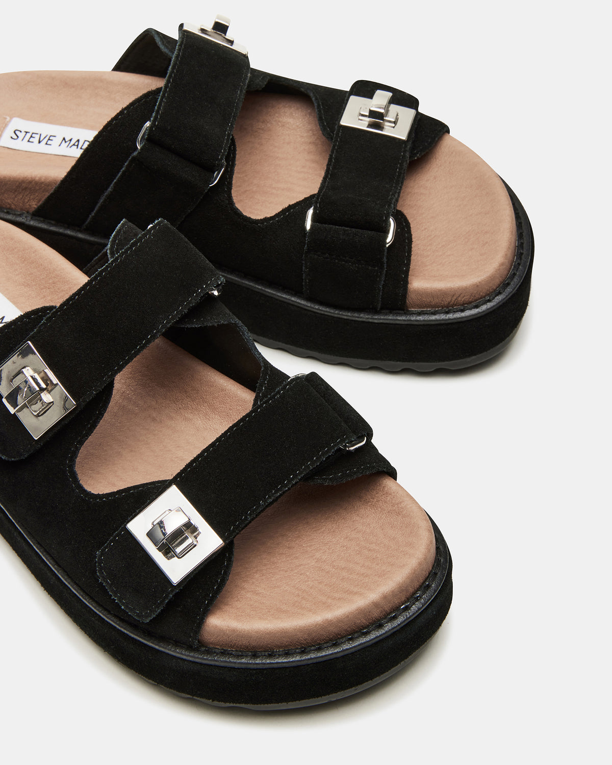 BIGSCHMONA Black/Black Suede Women's Platform Slide Sandal | Steve Madden outlet