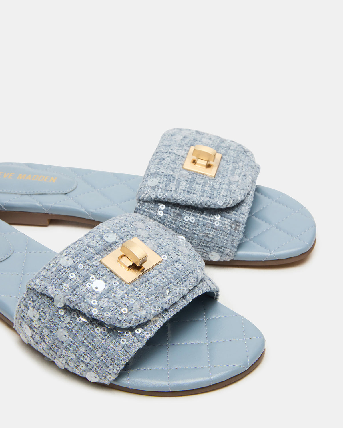 MORELAND Sequin Blue Quilted Slide Women's Sandal | Steve Madden outlet