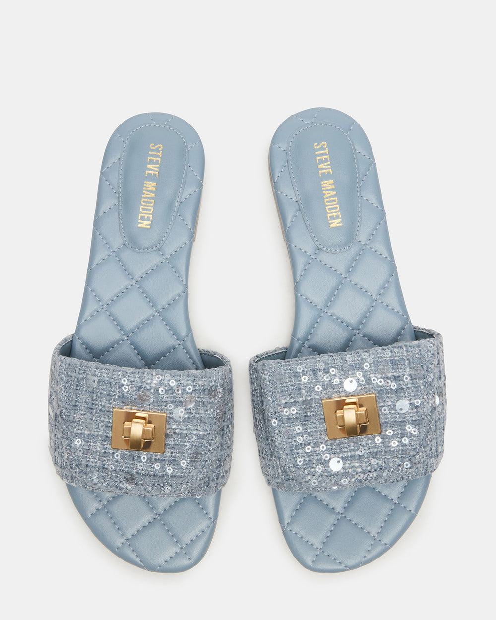 MORELAND Sequin Blue Quilted Slide Women's Sandal | Steve Madden outlet