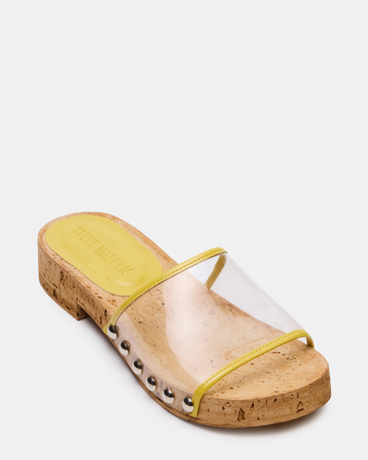 CLEMENT Yellow Wood Bottom Slide Mule Studded Women's Sandal | Steve Madden for Sale