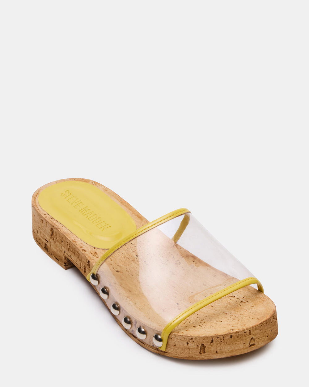 CLEMENT Yellow Wood Bottom Slide Mule Studded Women's Sandal | Steve Madden for Sale