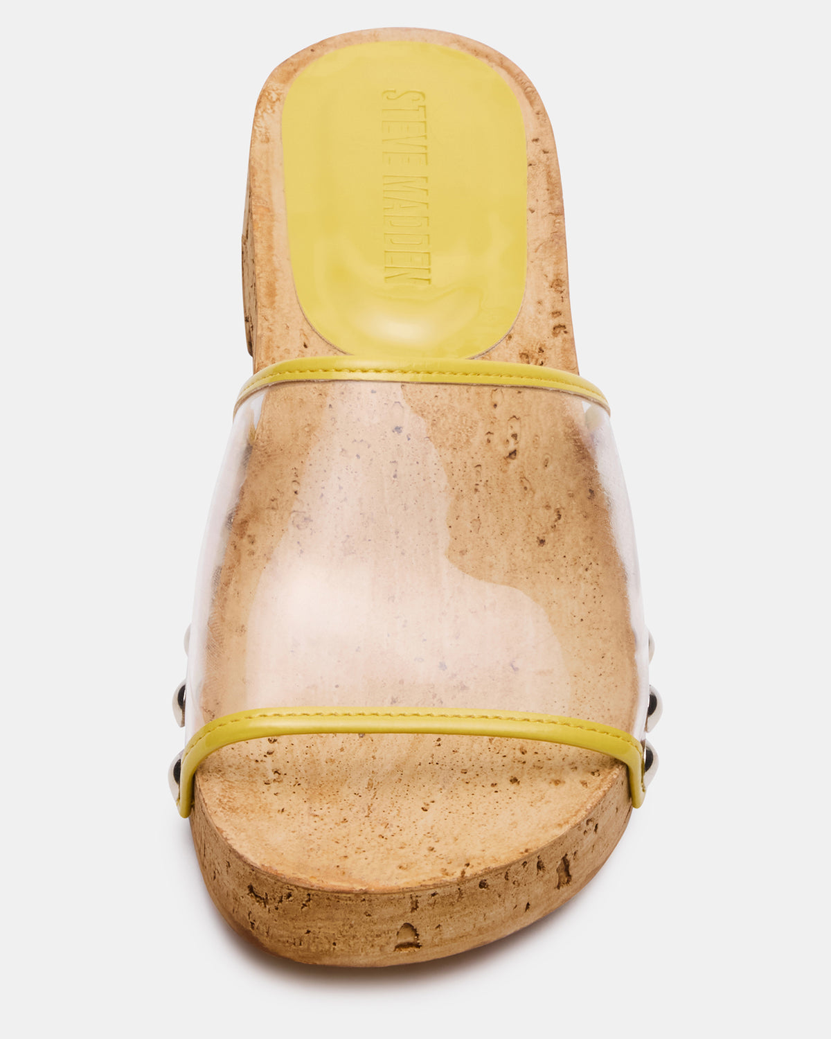 CLEMENT Yellow Wood Bottom Slide Mule Studded Women's Sandal | Steve Madden for Sale