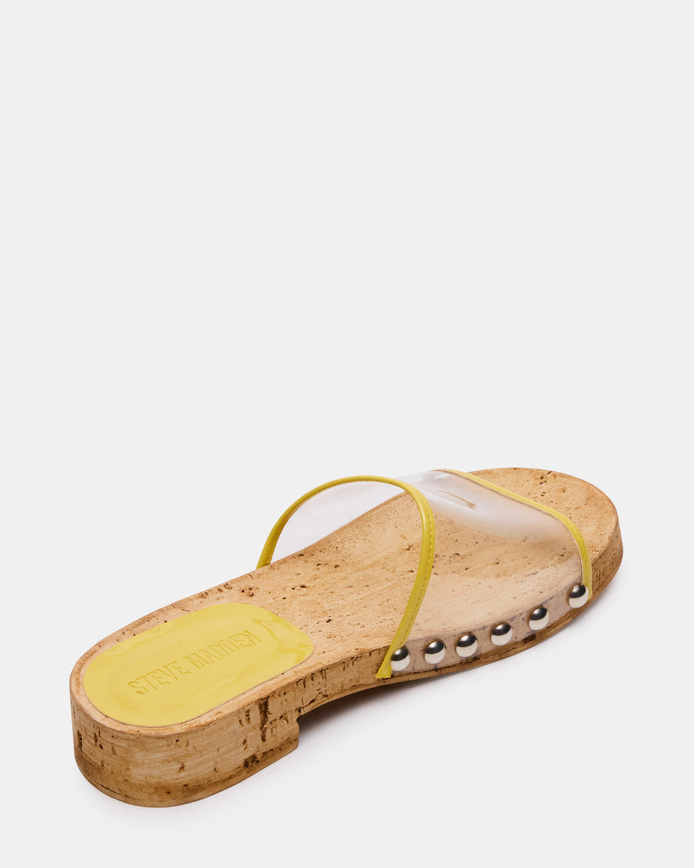 CLEMENT Yellow Wood Bottom Slide Mule Studded Women's Sandal | Steve Madden for Sale