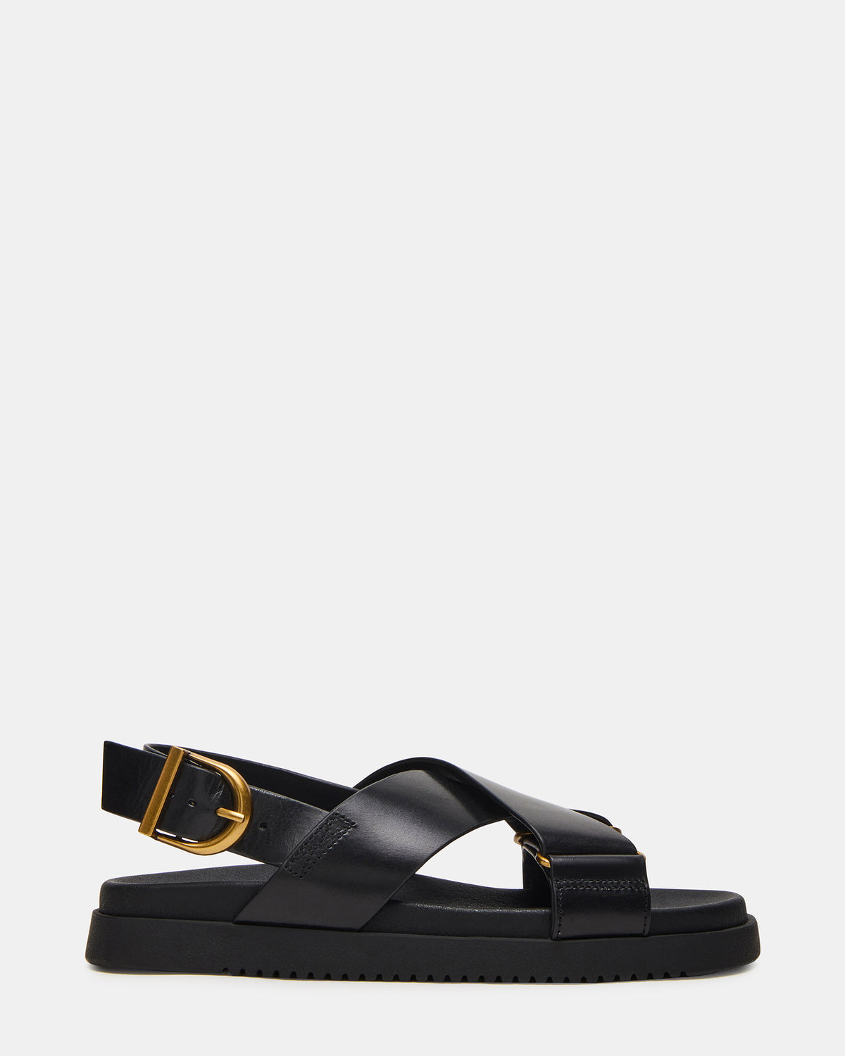 DONELLI Black Leather Strappy Footbed Women's Sandal | Steve Madden on Sale