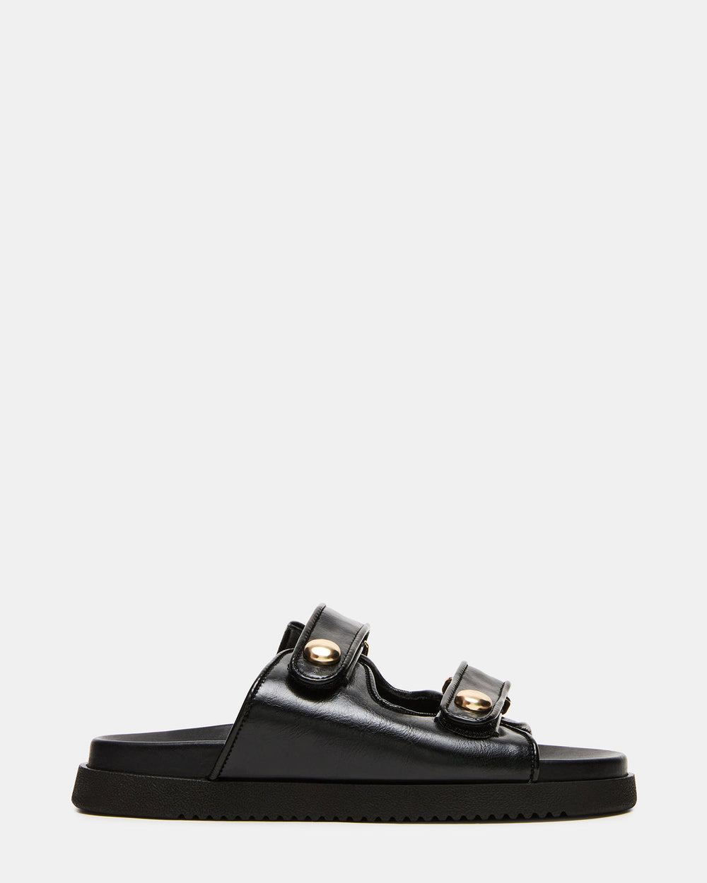 ATHENS Black Leather Slide Footbed Flatform Women's Sandal | Steve Madden on Sale