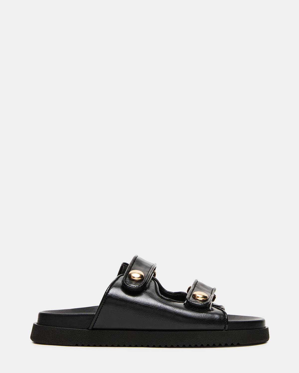 ATHENS Black Leather Slide Footbed Flatform Women's Sandal | Steve Madden on Sale
