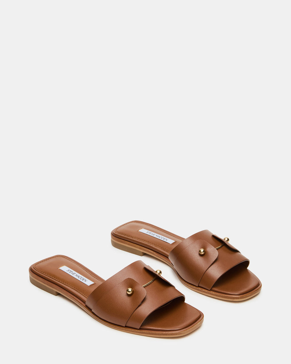 HASTEN Brown Leather Gold Detail Slide Women's Sandal | Steve Madden US