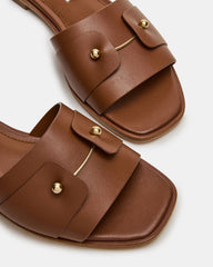 HASTEN Brown Leather Gold Detail Slide Women's Sandal | Steve Madden US