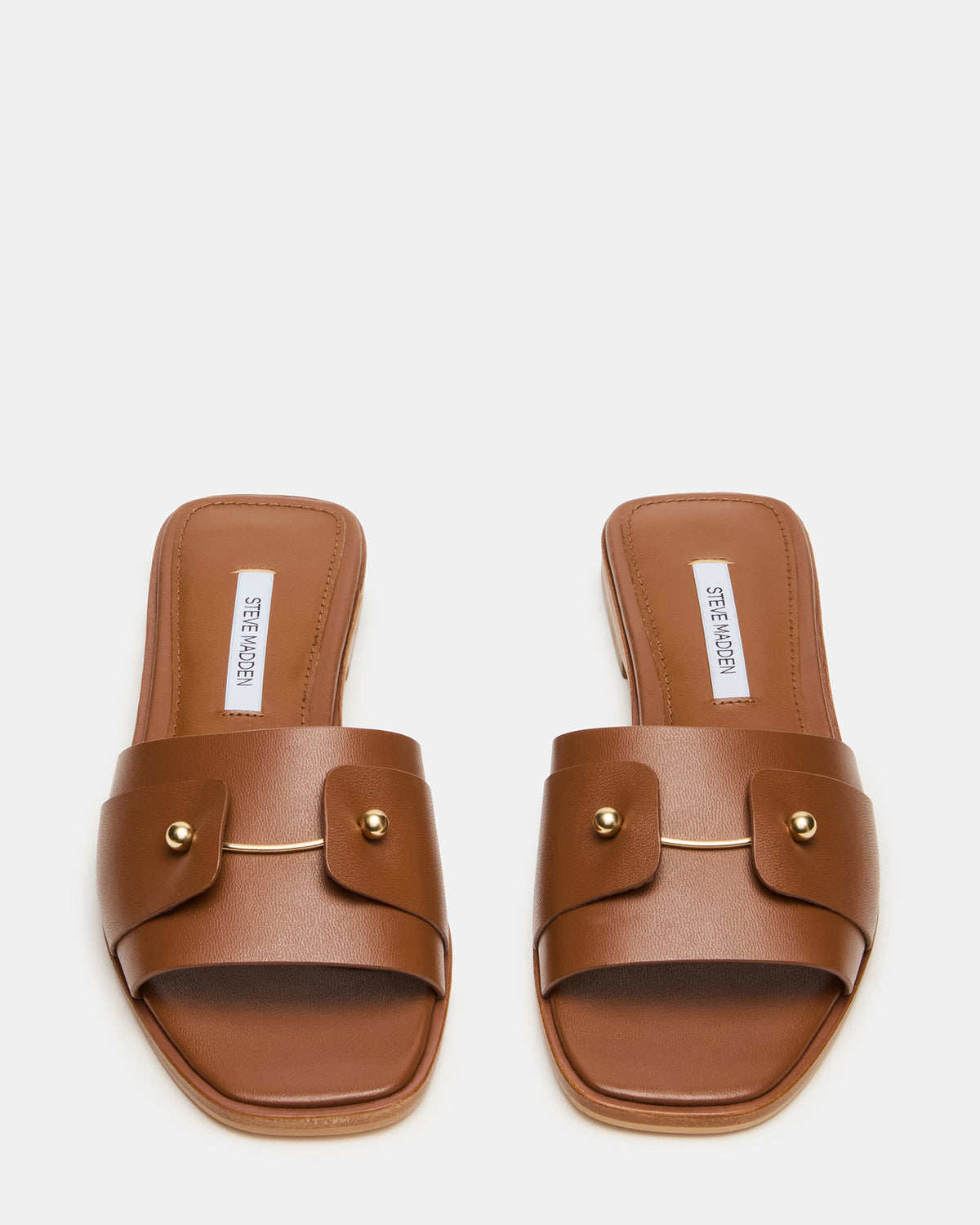 HASTEN Brown Leather Gold Detail Slide Women's Sandal | Steve Madden US