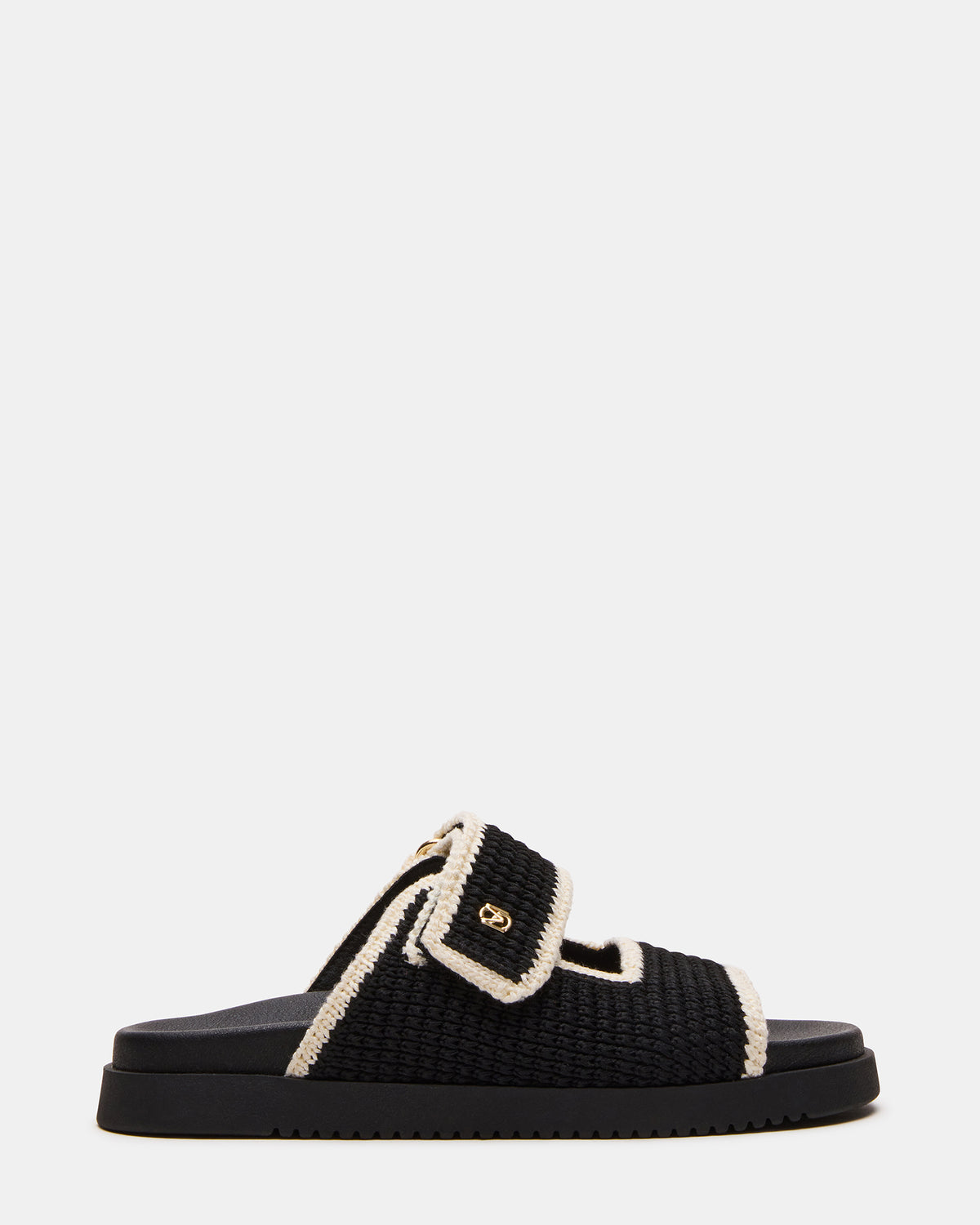 MAYSIE Black Multi Woven Flatform Footbed Slide Women's Sandal | Steve Madden for Sale