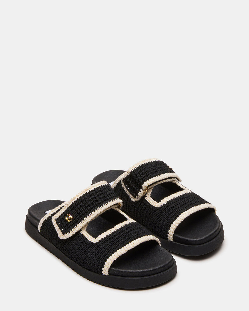 MAYSIE Black Multi Woven Flatform Footbed Slide Women's Sandal | Steve Madden for Sale