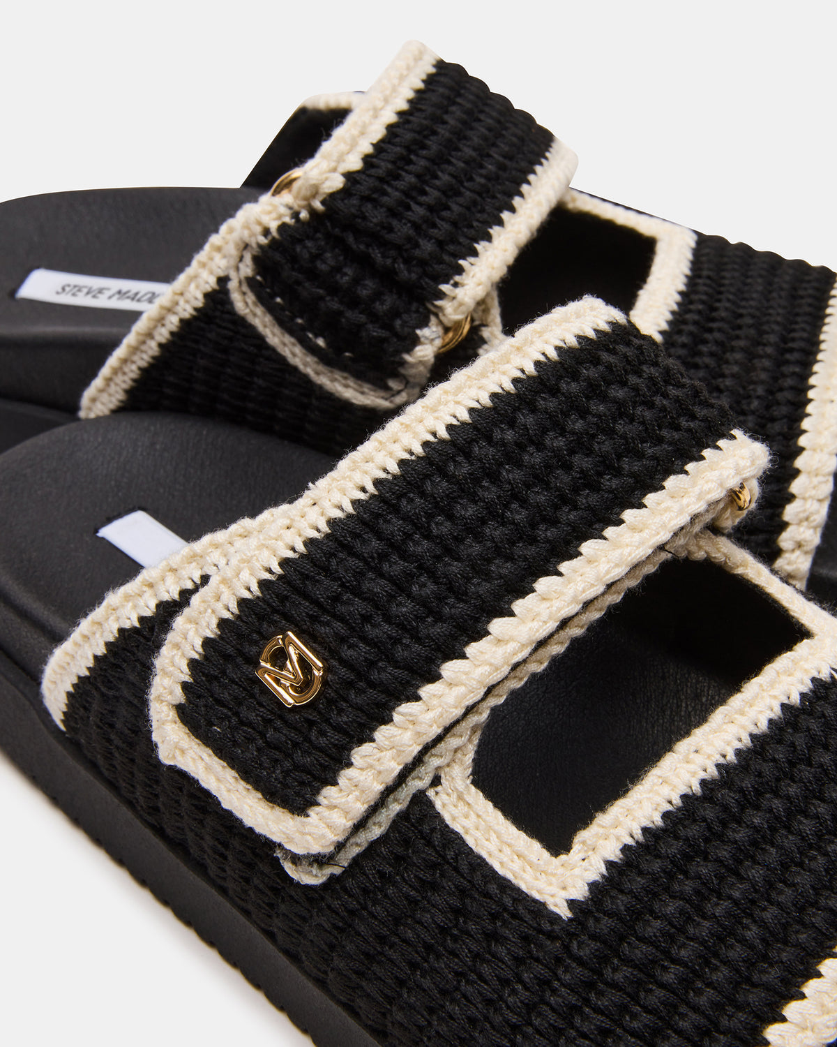 MAYSIE Black Multi Woven Flatform Footbed Slide Women's Sandal | Steve Madden for Sale
