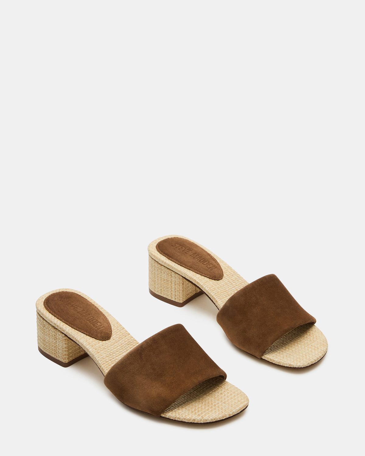HAILEE Chestnut Suede Women's Square-Toe Raffia Block Heel Mule Sandal | Steve Madden on Sale