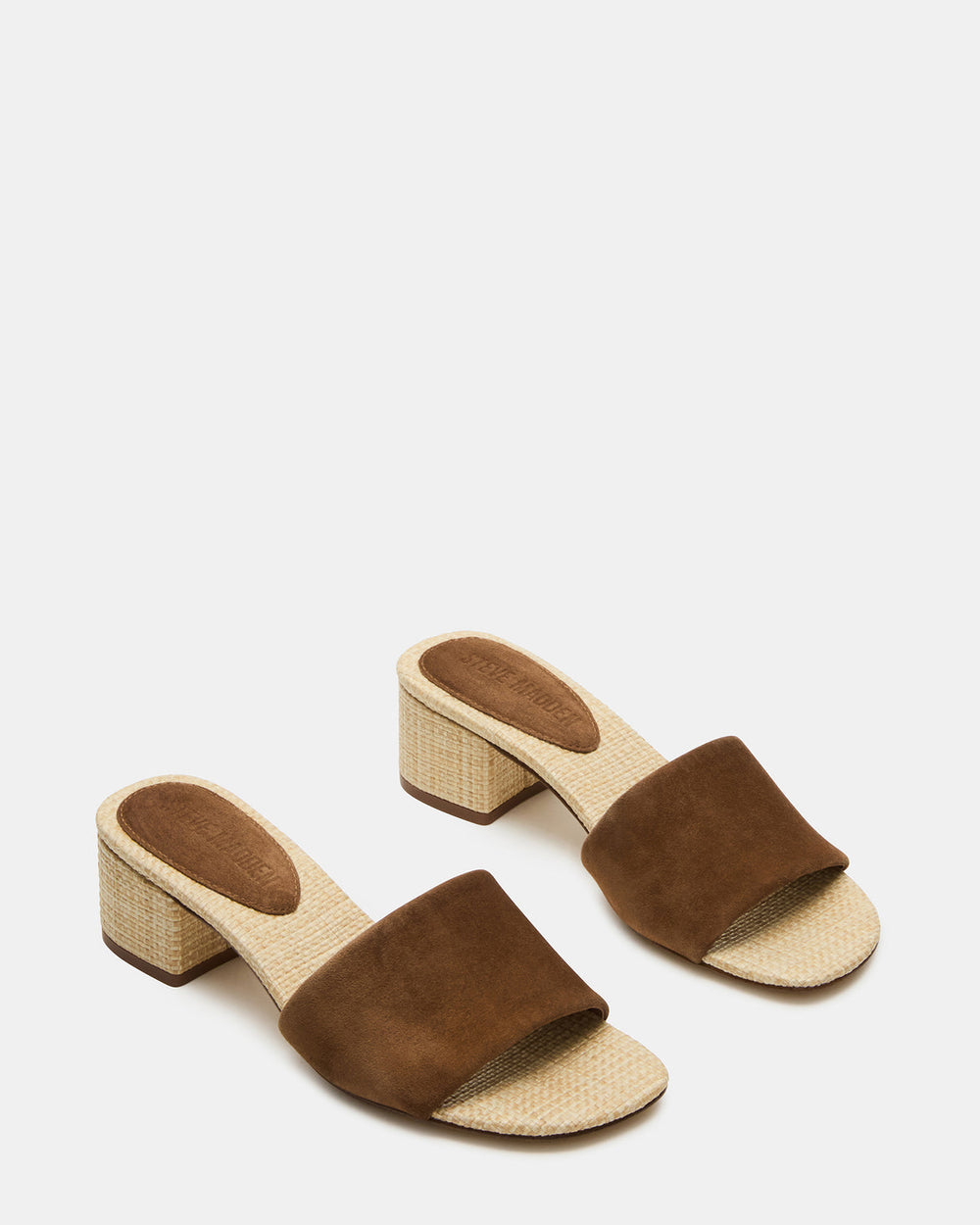HAILEE Chestnut Suede Women's Square-Toe Raffia Block Heel Mule Sandal | Steve Madden on Sale