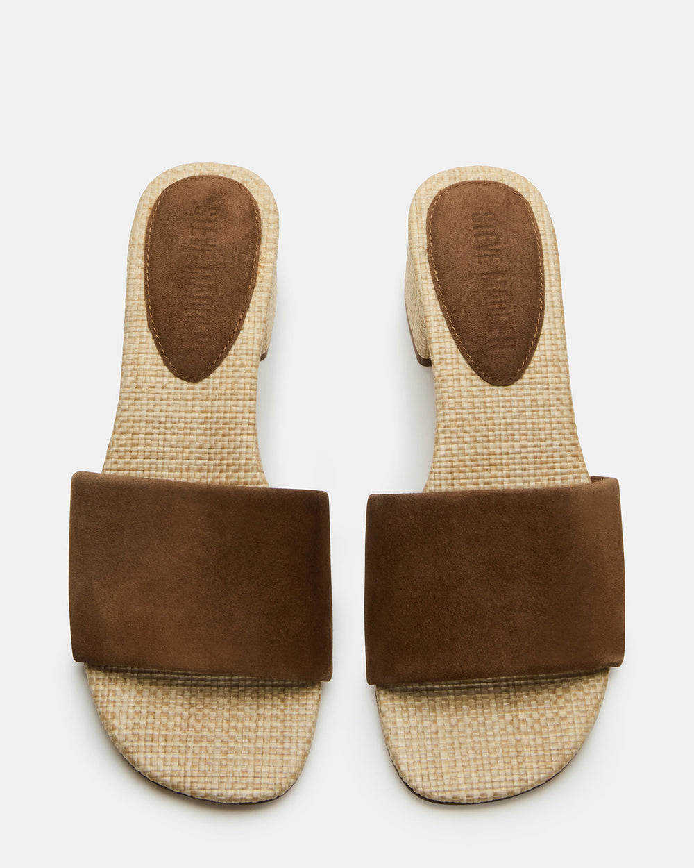 HAILEE Chestnut Suede Women's Square-Toe Raffia Block Heel Mule Sandal | Steve Madden on Sale