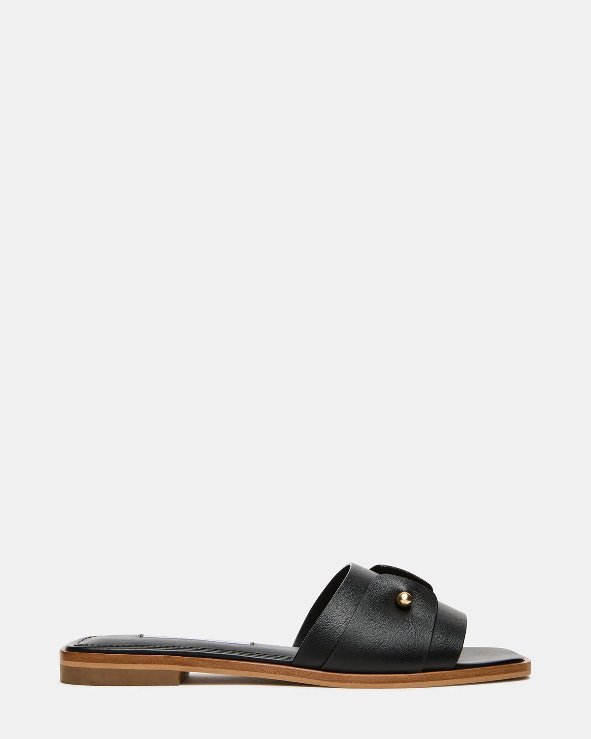 HASTEN Black Leather Gold Detail Slide Women's Sandal | Steve Madden for Sale