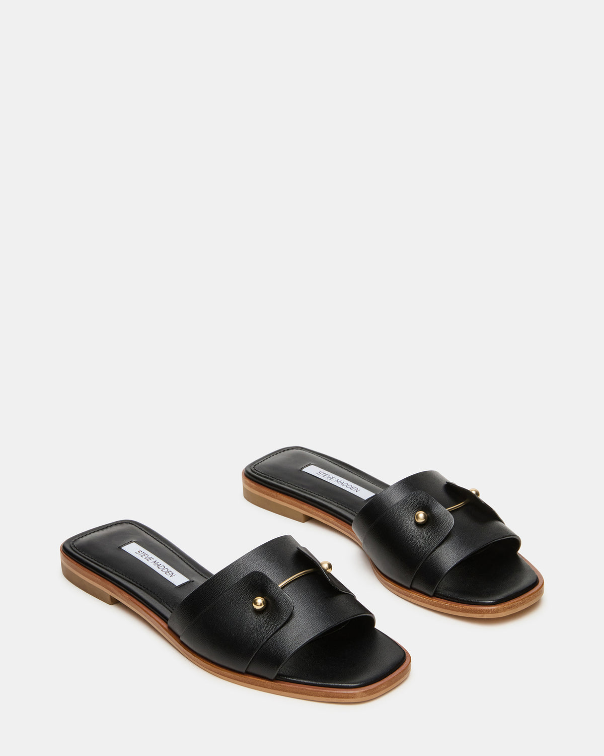 HASTEN Black Leather Gold Detail Slide Women's Sandal | Steve Madden for Sale