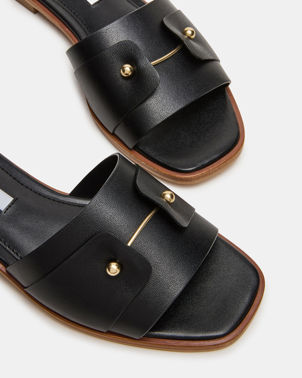 HASTEN Black Leather Gold Detail Slide Women's Sandal | Steve Madden for Sale