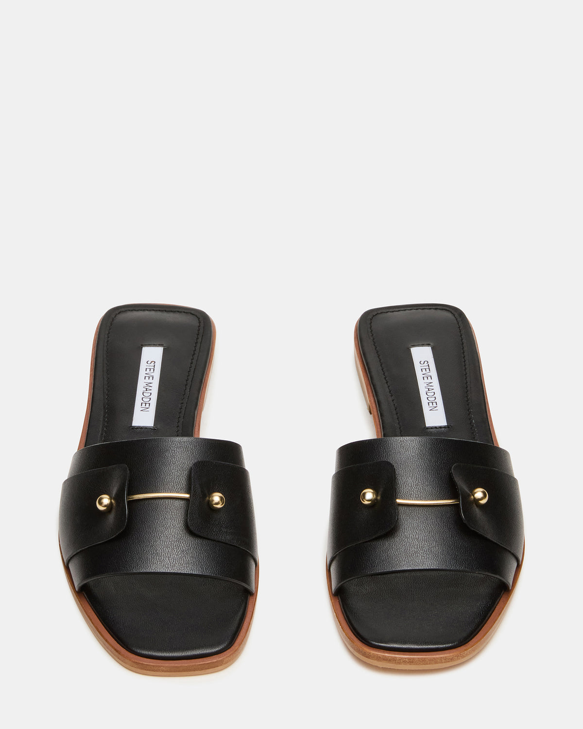 HASTEN Black Leather Gold Detail Slide Women's Sandal | Steve Madden for Sale