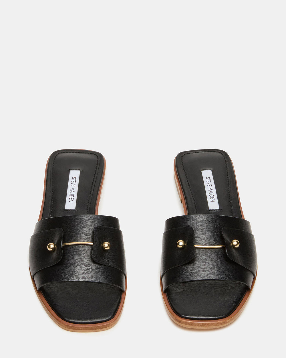 HASTEN Black Leather Gold Detail Slide Women's Sandal | Steve Madden for Sale