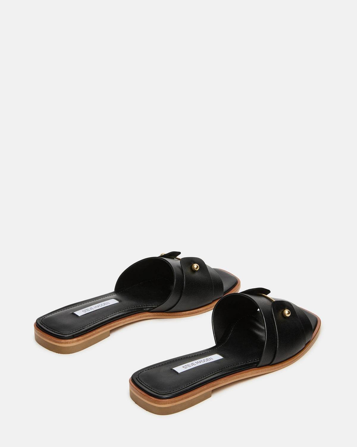 HASTEN Black Leather Gold Detail Slide Women's Sandal | Steve Madden for Sale