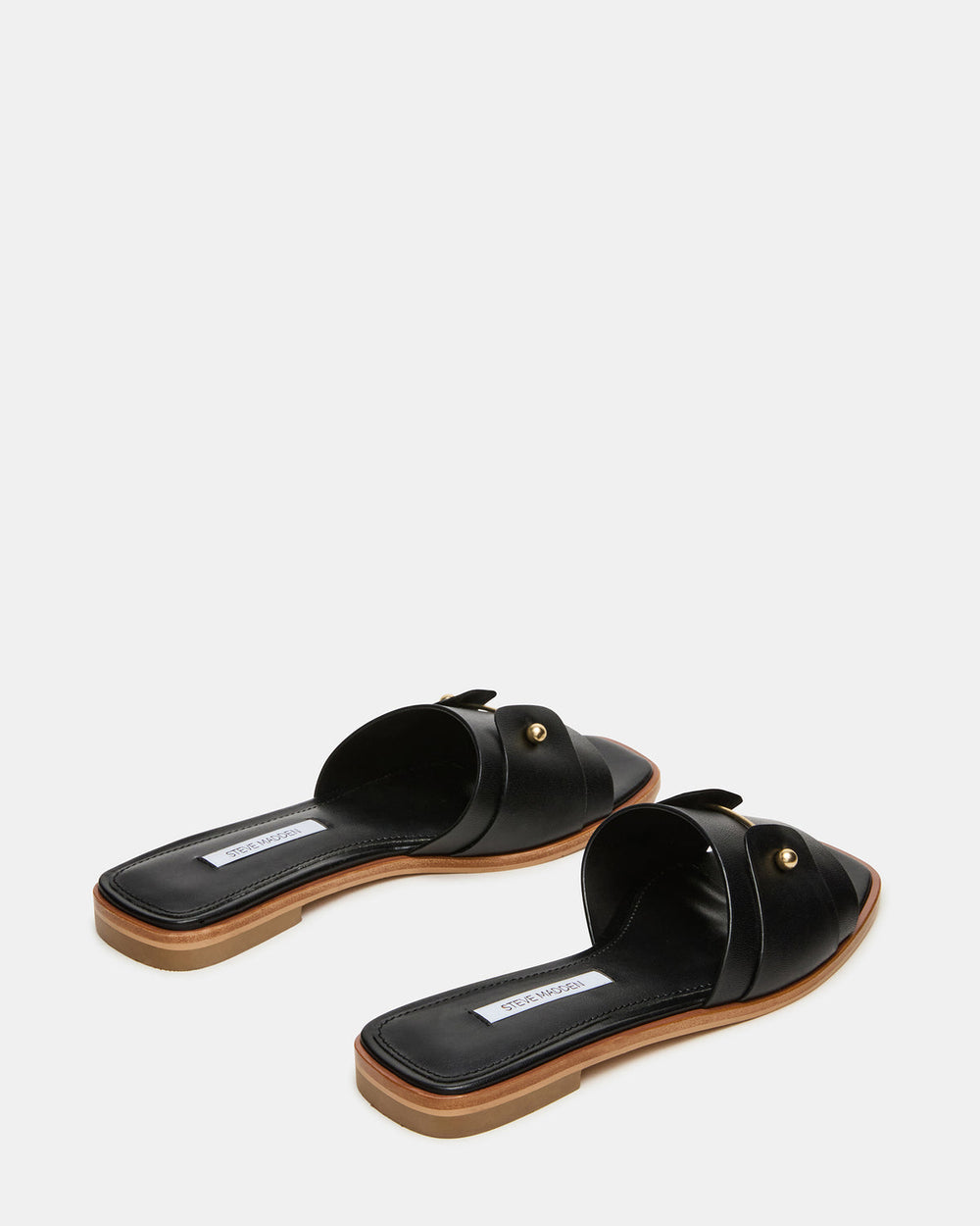 HASTEN Black Leather Gold Detail Slide Women's Sandal | Steve Madden for Sale