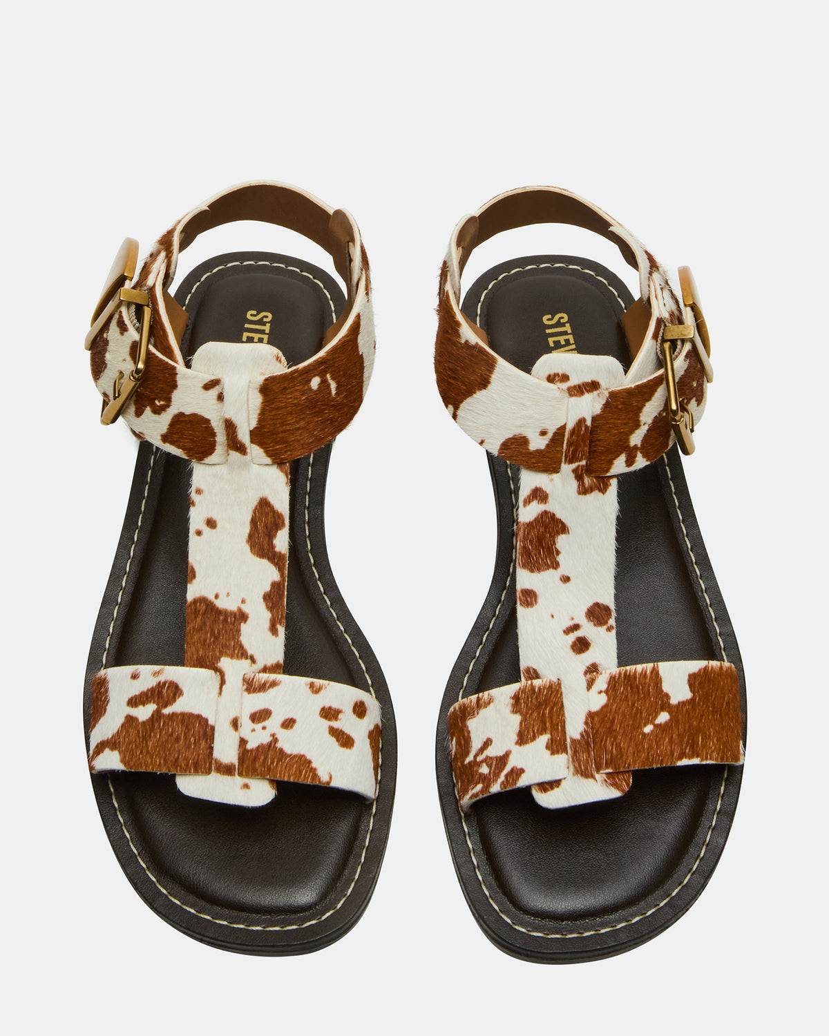 BRAZINN Brown Cow Print Strappy Flat Sandal Women's Sandal | Steve Madden US