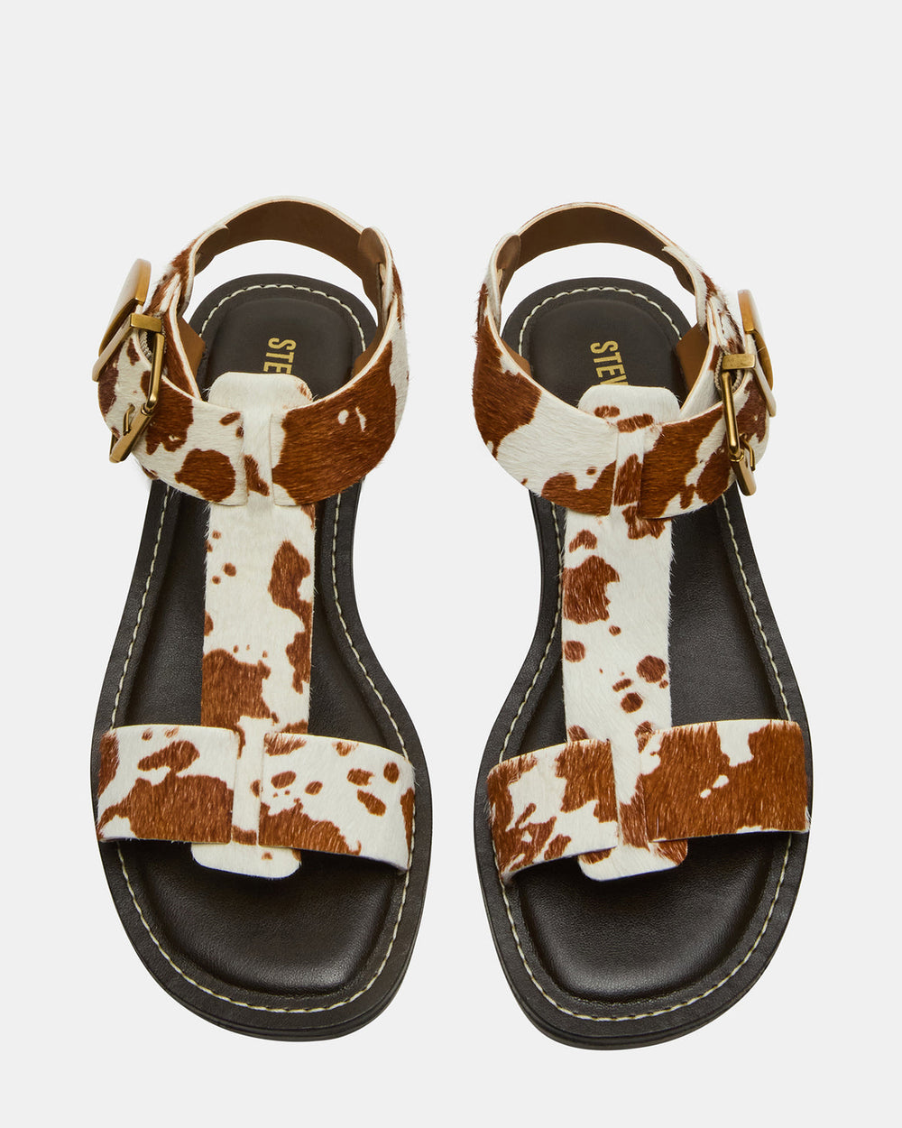 BRAZINN Brown Cow Print Strappy Flat Sandal Women's Sandal | Steve Madden US
