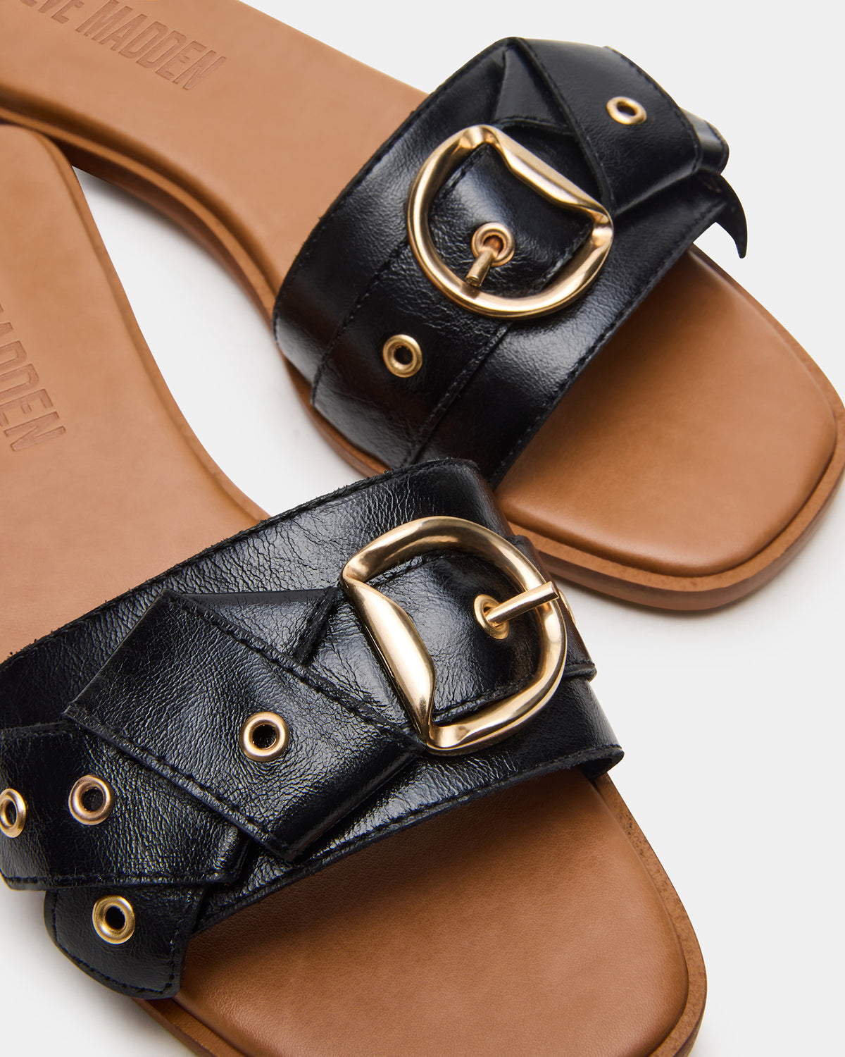 HILARIA Black Leather Square-Toe Slide Women's Sandal | Steve Madden for Sale