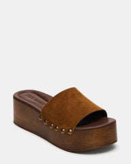 CONGA Tan Suede Platform Wood Bottom Slide Women's Sandal | Steve Madden for Sale
