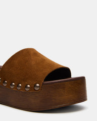 CONGA Tan Suede Platform Wood Bottom Slide Women's Sandal | Steve Madden for Sale