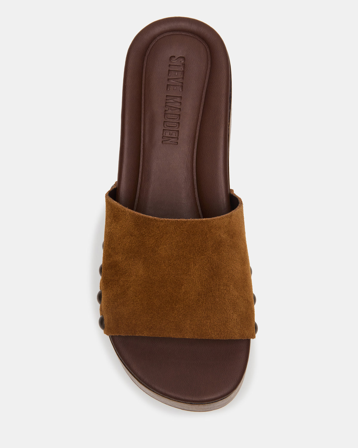 CONGA Tan Suede Platform Wood Bottom Slide Women's Sandal | Steve Madden for Sale