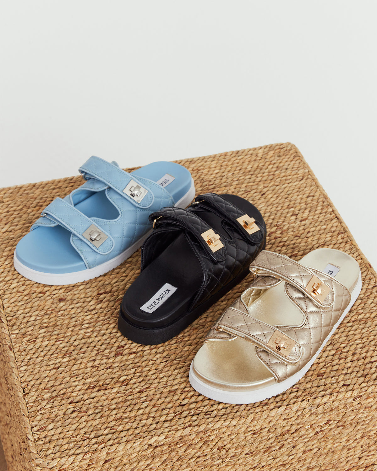 SCHMONA Blue Leather Quilted Slide | Women's Sandals | Steve Madden on Sale