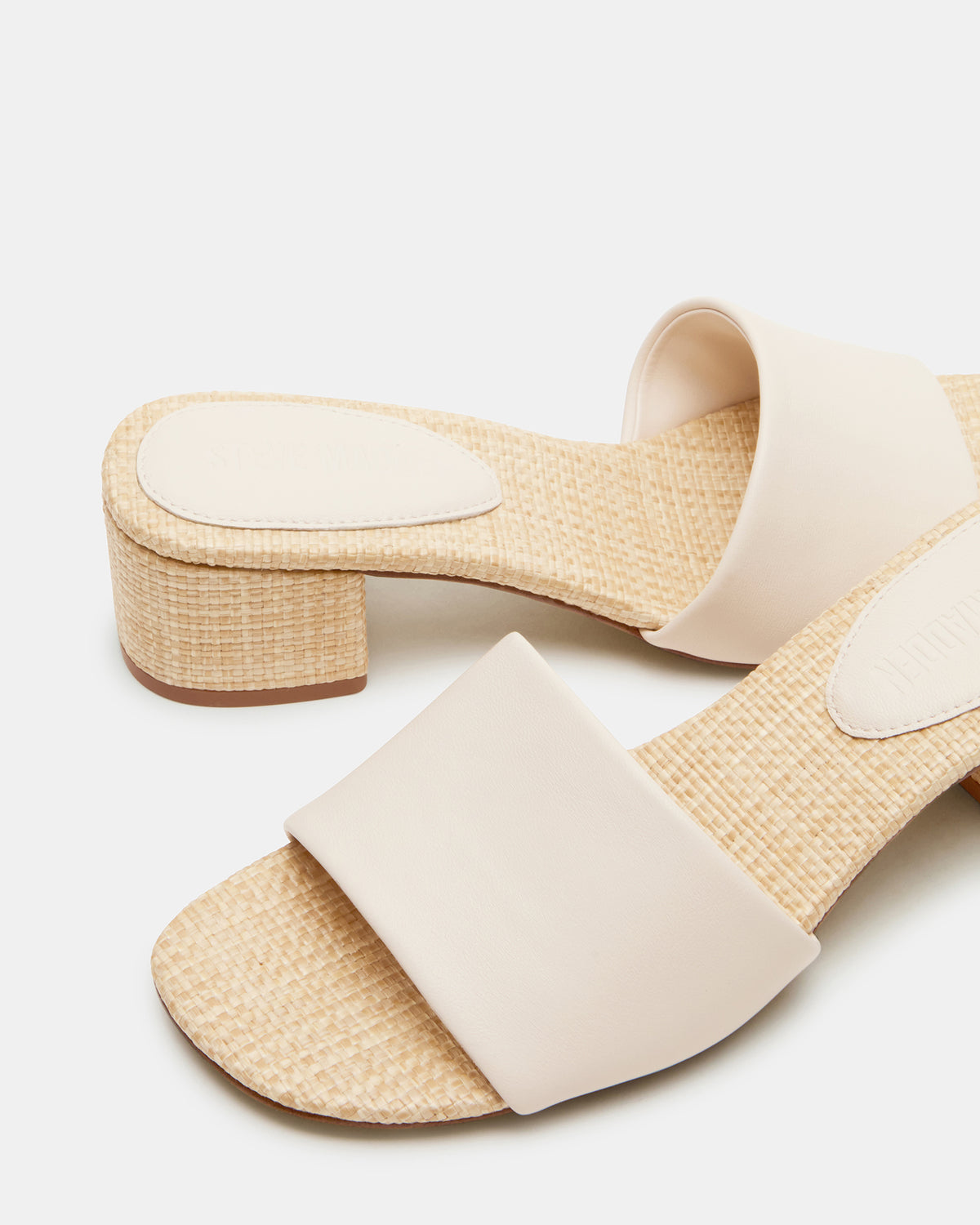 HAILEE Bone Leather Women's Square-Toe Raffia Block Heel Mule Sandal | Steve Madden Sale