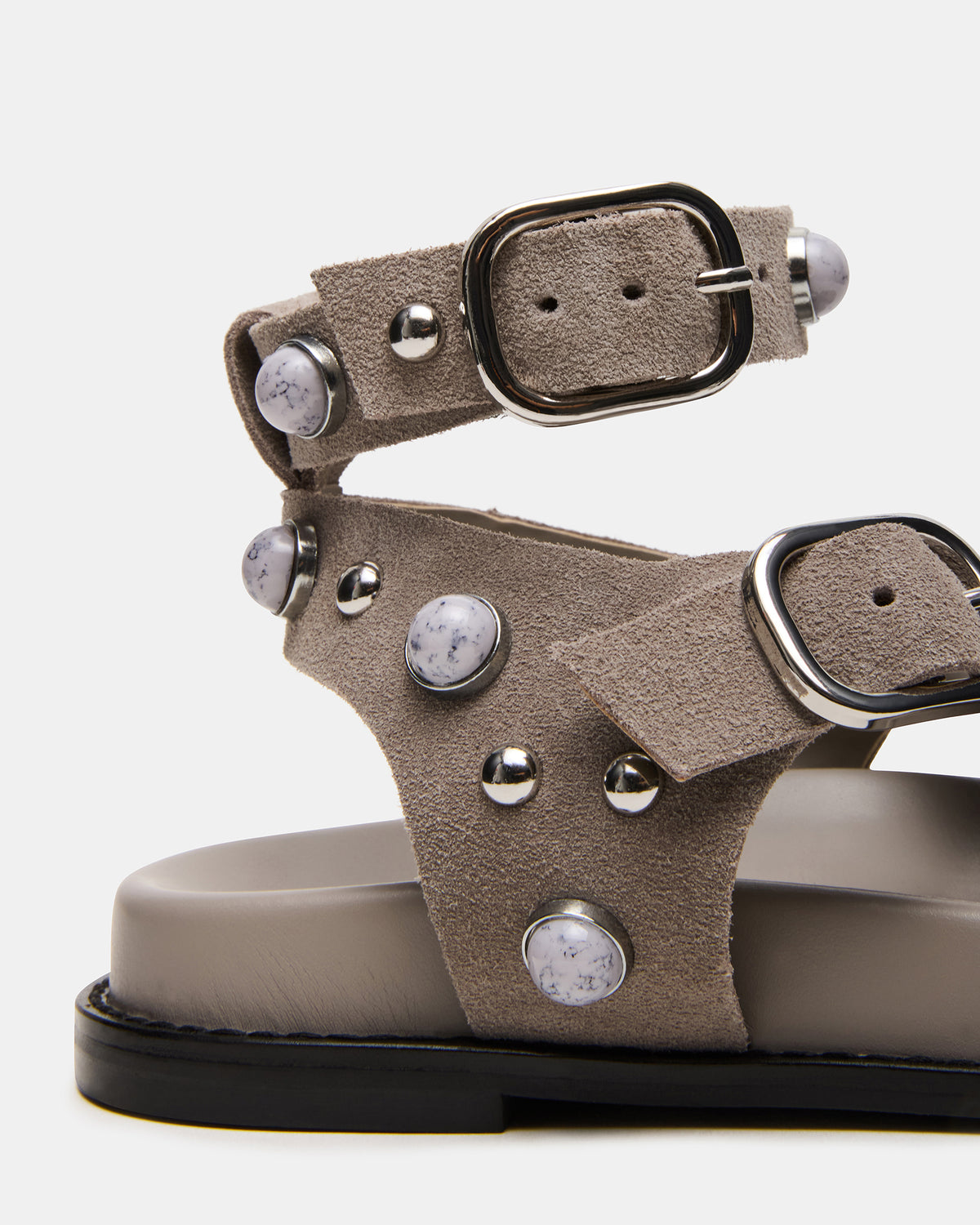 LINEAR Grey Suede Strappy Footbed Studded Women's Sandal | Steve Madden near me