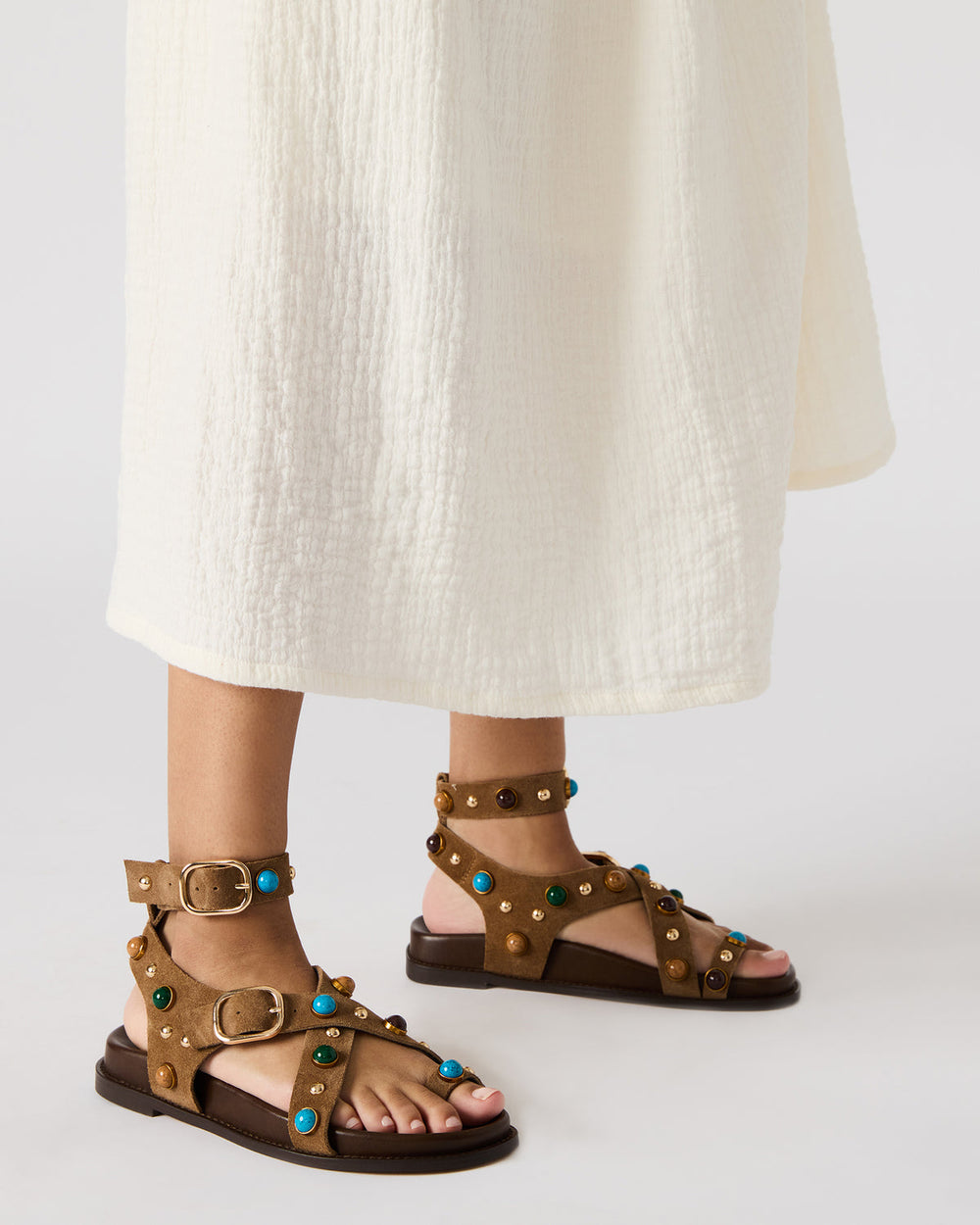 LINEAR Grey Suede Strappy Footbed Studded Women's Sandal | Steve Madden near me