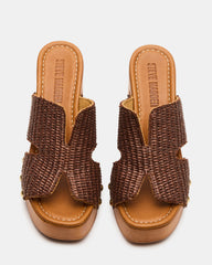 SUNKISSED Brown Raffia Platform Block Heel Studded Women's Sandal | Steve Madden discount