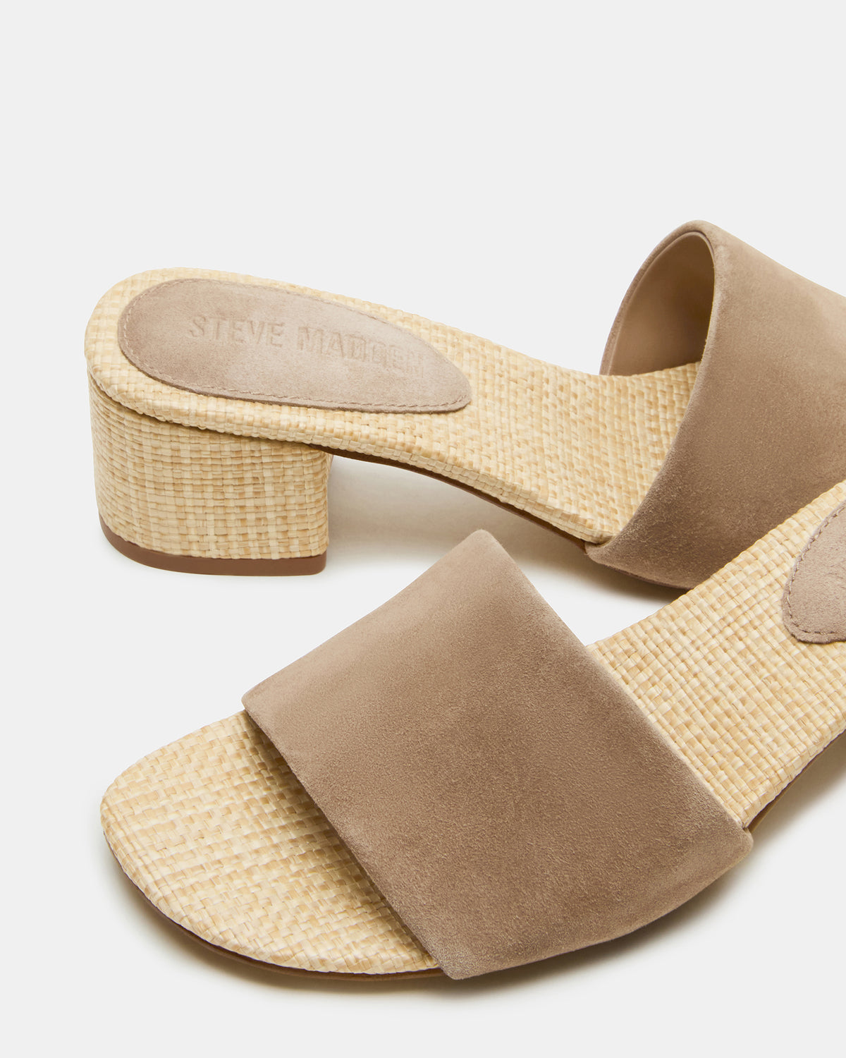 HAILEE Taupe Suede Women's Square-Toe Raffia Block Heel Mule Sandal | Steve Madden discount