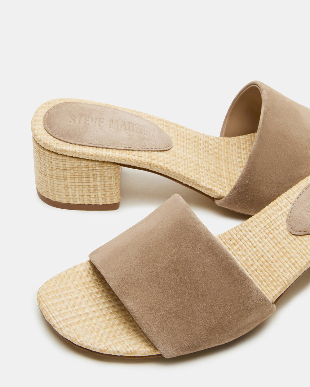 HAILEE Taupe Suede Women's Square-Toe Raffia Block Heel Mule Sandal | Steve Madden discount