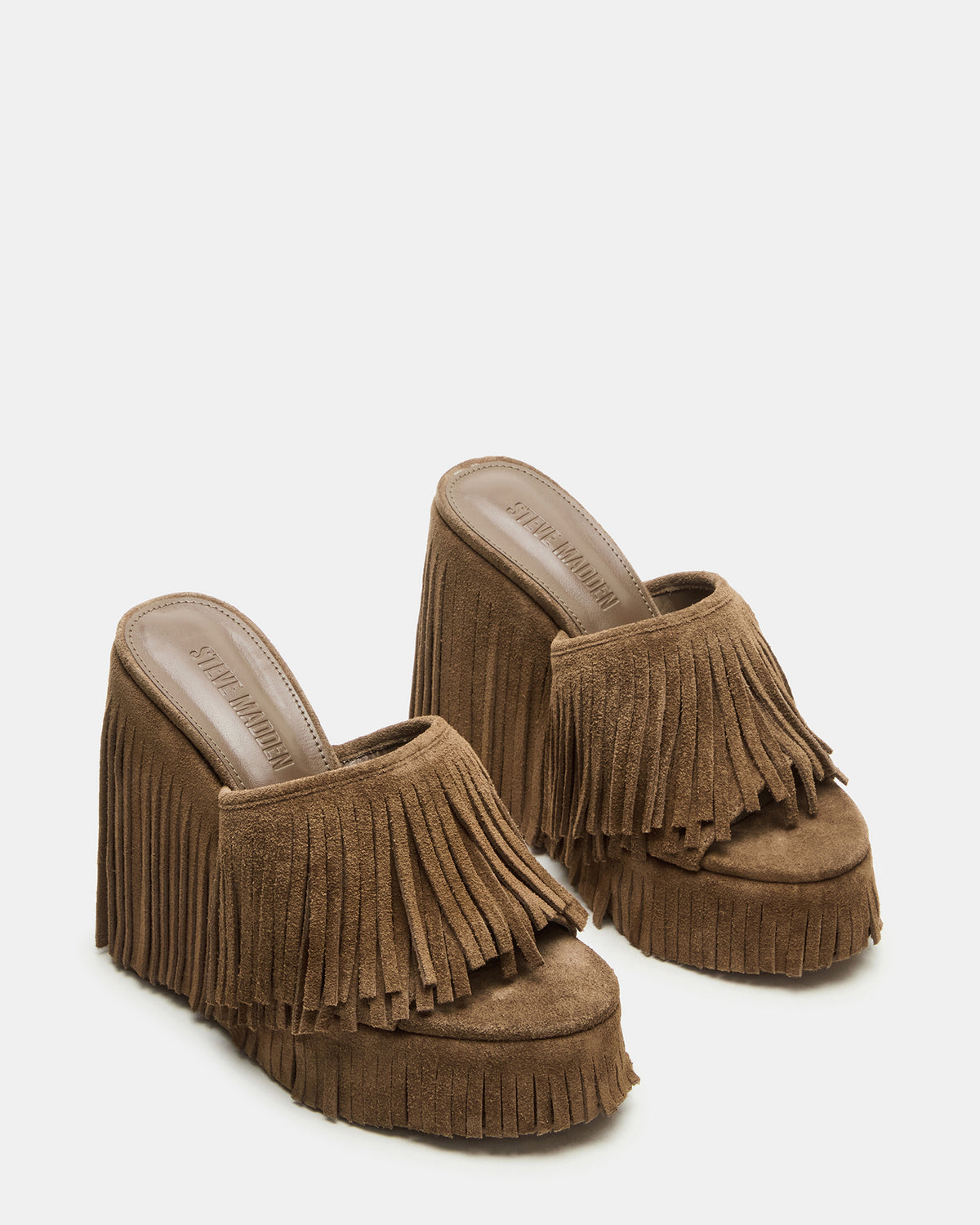 WYNN Chestnut Suede Platform Fringe Wedge Mule Women's Sandal | Steve Madden for Sale