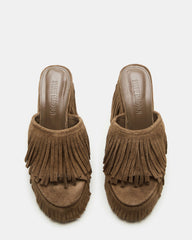 WYNN Chestnut Suede Platform Fringe Wedge Mule Women's Sandal | Steve Madden for Sale