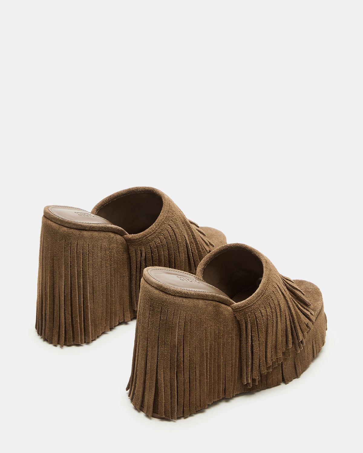 WYNN Chestnut Suede Platform Fringe Wedge Mule Women's Sandal | Steve Madden for Sale