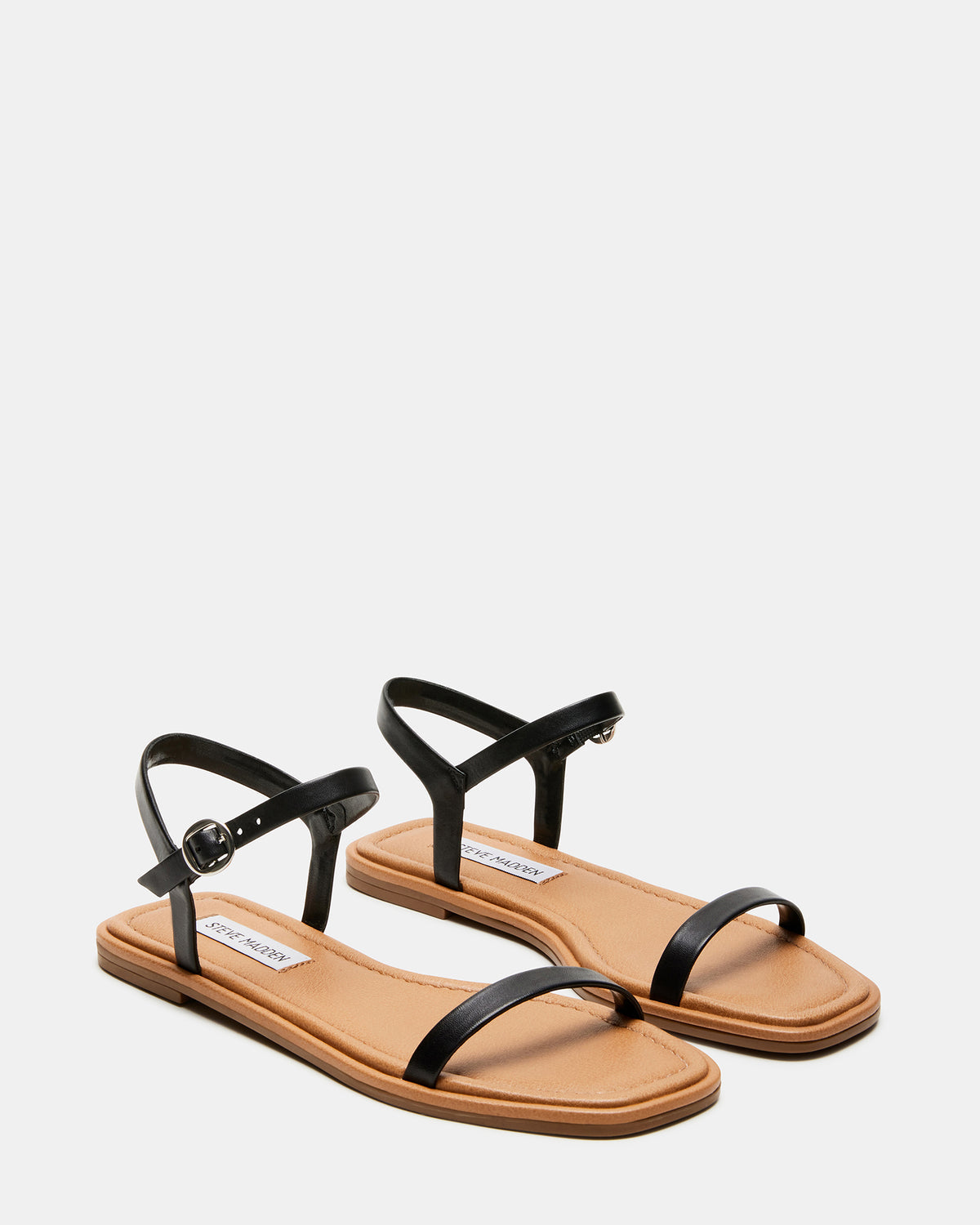 CAMARI Black Leather Square Toe Strappy Sandal | Women's Sandals | Steve Madden Sale