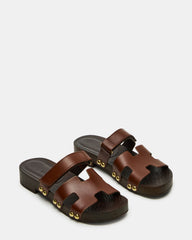 CANAL Brown Leather Wood Bottom Slide Women's Sandal | Steve Madden for Sale