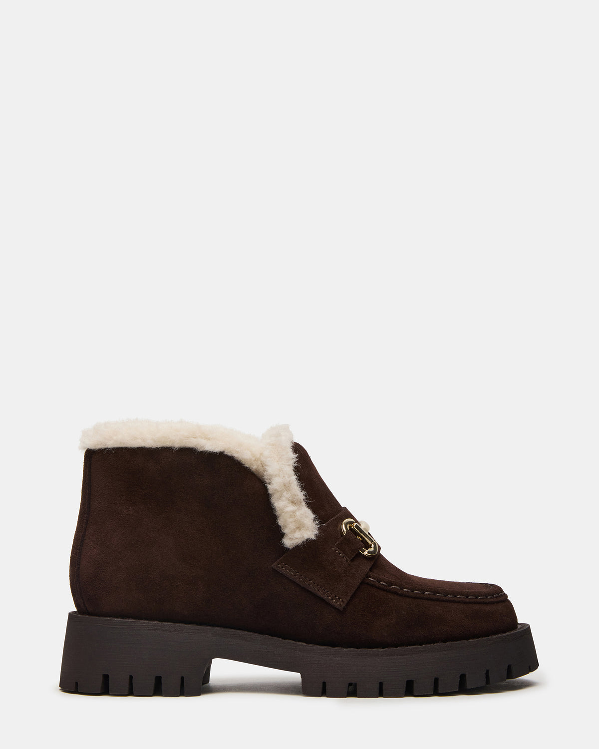 LEON Faux Fur Chocolae Brown Suede Platform Lug Sole Women's Loafer | Steve Madden for Sale